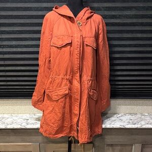 Ann Taylor Loft Harvest Anorak Rust Orange utility hoodie linen blend jacket MED
